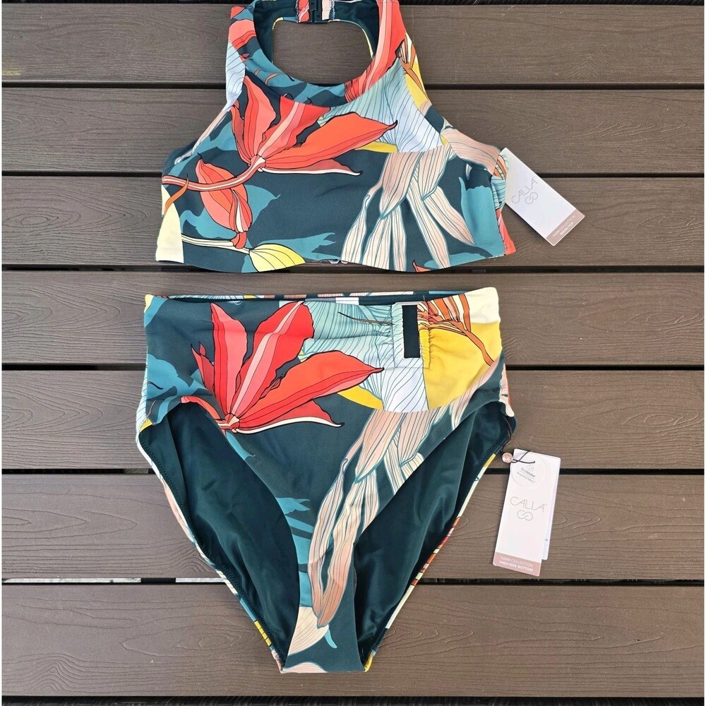CALIA Women Floral Botanical Green High Neck Top & Asymmetrical Bikini Sz M New